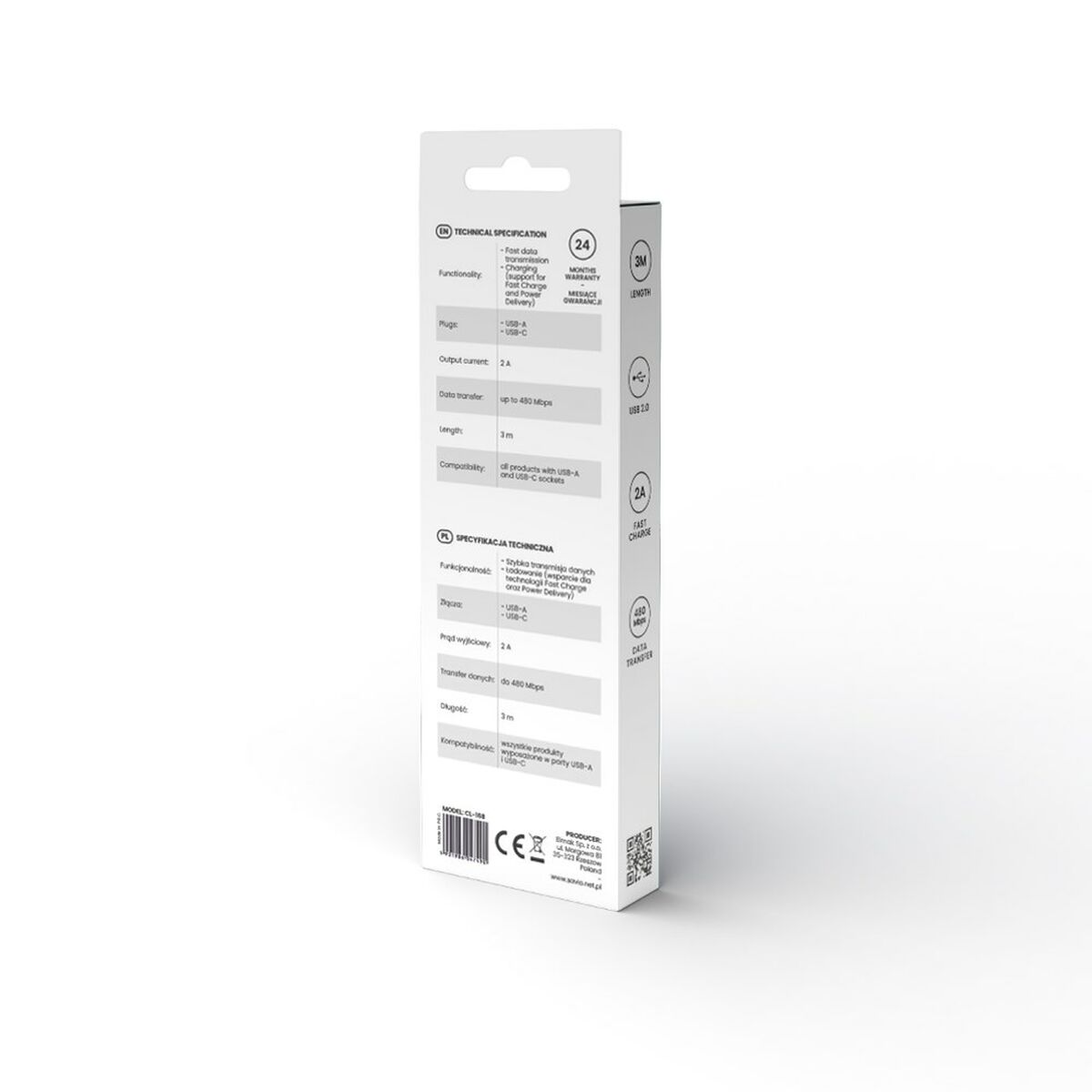 USB A - USB C kaapeli Savio CL-168 Valkoinen 3 m